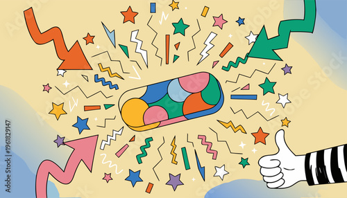 A colorful vector graphic of a hand giving a thumbs up surrounded by vibrant shapes and symbols