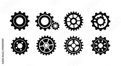 Set of Black Gears and Cogs Icons, Mechanical Engineering Elements, Isolated on White