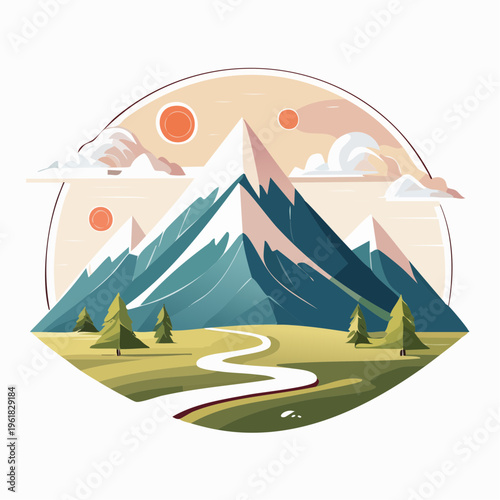 Scenic mountain landscape illustration with winding path and sunlit peaks