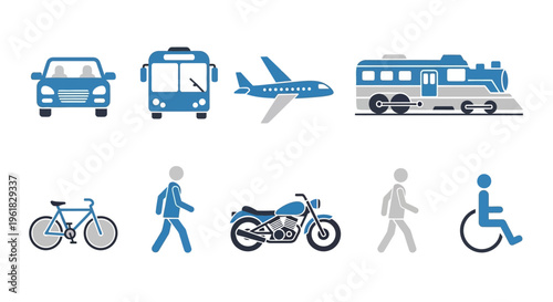 Set of Transportation Icons: Car, Bus, Airplane, Train, Bicycle, Motorcycle, Pedestrian, Wheelchair
