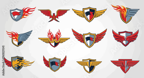 Set of Shield Emblems with Wings and Flames - Heraldic Badges Collection