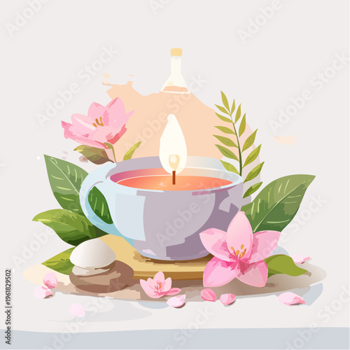 Peaceful self-care and relaxation with a lit candle, pink flowers, and natural elements