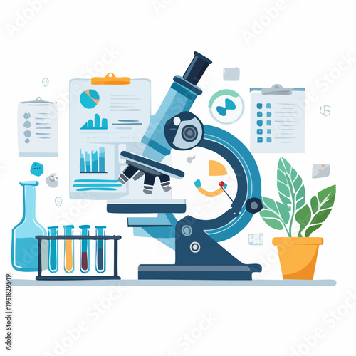 Dynamic illustration of a modern scientific laboratory setup featuring a microscope, test tubes, and research data displays for discovery and analysis