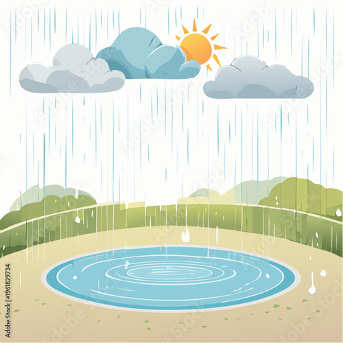 Cartoon Illustration of Raining Weather with Clouds, Sun, and Puddle Reflecting a Serene Natural Moment