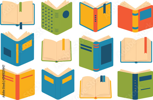 Colorful vector set of open books with bookmarks in flat design style for education library and literature concepts isolated on white background