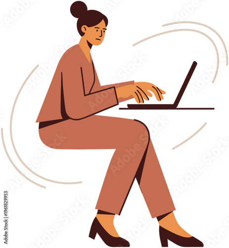Woman sitting on chair working on laptop with focused expression indoors.