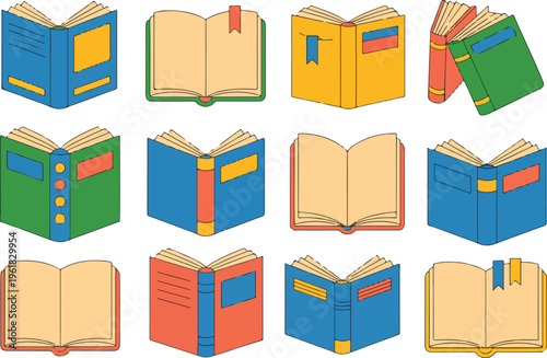 Colorful vector set of open books with bookmarks in flat design style for education library and literature concepts isolated on white background