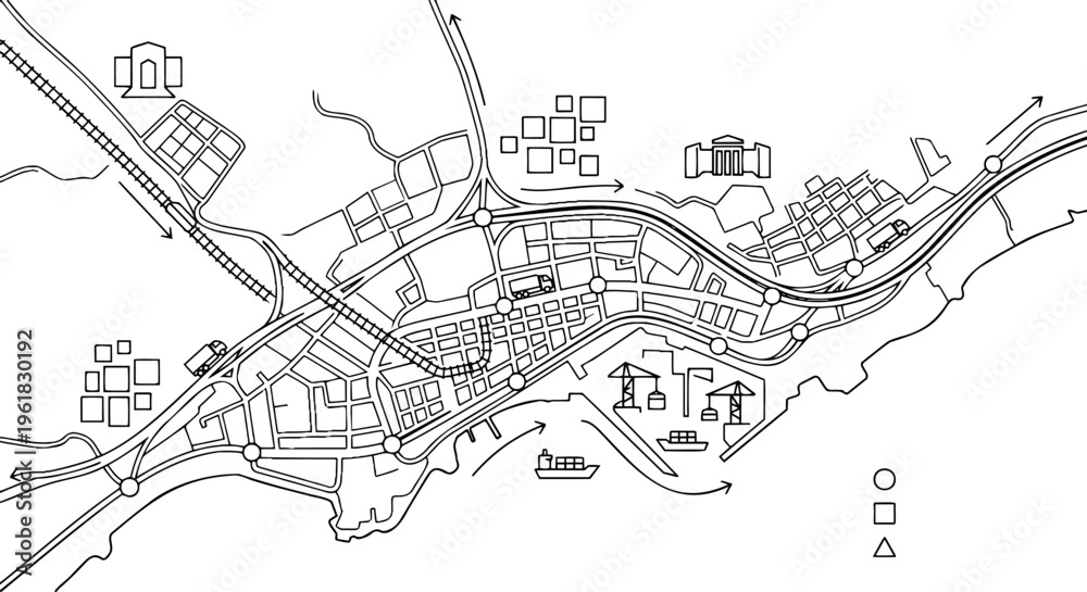 Fototapeta premium Minimalist line art map of urban transport and logistics network