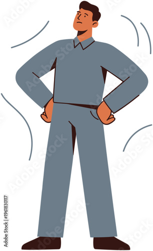 Man standing confidently with hands on hips in a casual outfit indoors