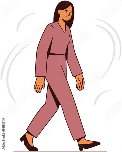 A woman walks quickly in a pink business suit on a city street