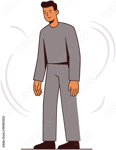 A man appears dizzy and disoriented while standing indoors.