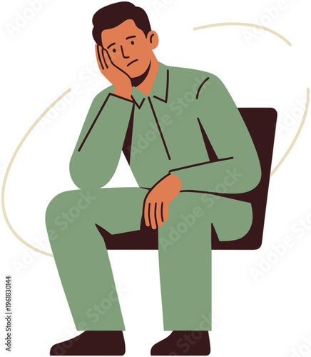 A man sits on a chair with his head in his hand showing sadness