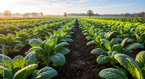 A low-angle view of a healthy leafy vegetable farm showing vibrant green plants growing in neatly aligned soil rows