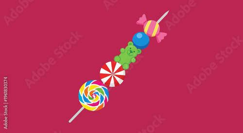 Colorful Candy Skewer on Red Background