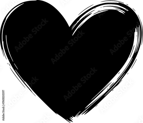 Solid black hand-drawn brush heart silhouette, minimalist calligraphy love and romance vector illustration isolated on white.