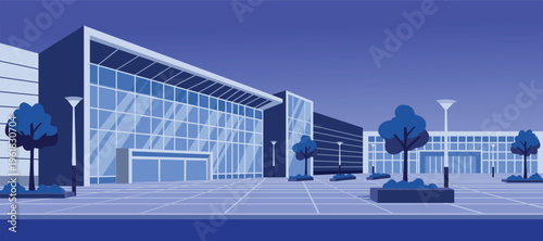Modern Commercial Building Exterior Illustration. Office bulding. Mall park. Mall lobby. City road. Night apartment. Night building.