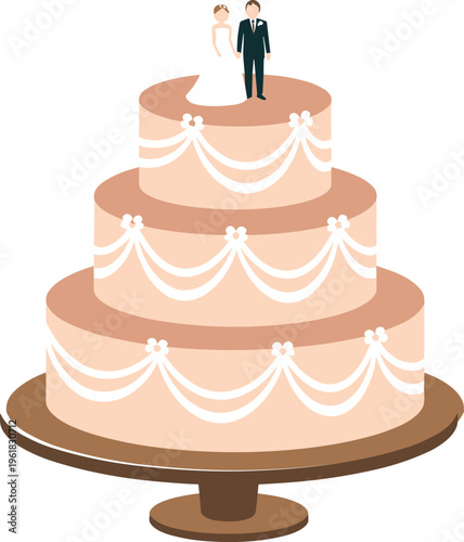PrintThree Tiered Pink Wedding Cake Vector Illustration With Bride and Groom Topper for Marriage Celebration Party and Anniversary