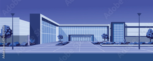 Flat Design Illustration of a Modern Commercial Building at Night. Hospital building night. Office building. Hotel night building.
