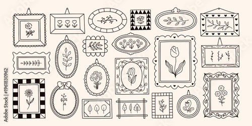 Set of various doodle picture frames with flowers, branches and leaves. Hand-drawn playful borders with ornate details. Vintage wall gallery line drawing. Vector graphic