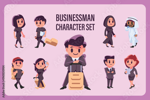 cute dubai businessman and tourist character set