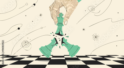 Surreal business strategy illustration, giant hand moving chess piece on checkered board, conceptual vector art of competition and leadership