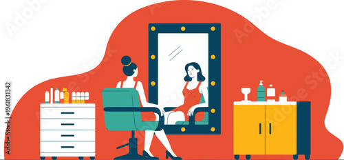 Professional beauty salon interior vector illustration with woman sitting in chair facing vanity mirror for hair styling or makeup services isolated on white background