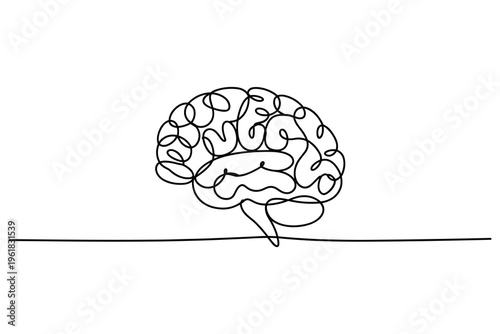 Single continuous black line of a human brain on a white background