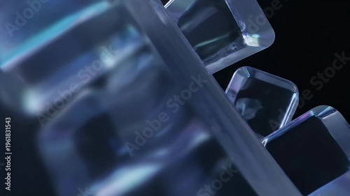 Abstract Ice Cubes Floating in Dark Space with Blue and Purple Light Refractions.