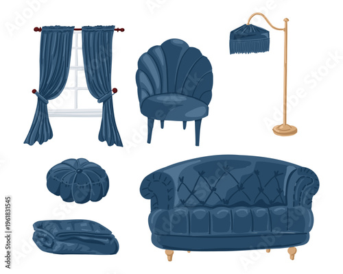 Collection of blue upholstered furniture including a sofa, armchair, pouf, floor lamp, and curtains arranged around a window in a cozy interior setting