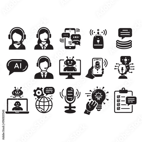 Virtual Assistant Icons Pack – Customer Support, AI Bot, Helpdesk Vector Set