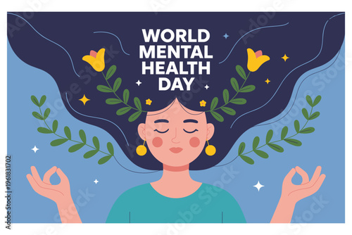 Woman meditating with floral hair for mental health day