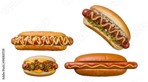 Obraz na plátně Delicious variety of hot dogs with diverse toppings in buns isolated on a transparent background