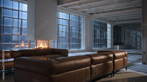 Modern Industrial Living Room with Leather Sofa and Fireplace