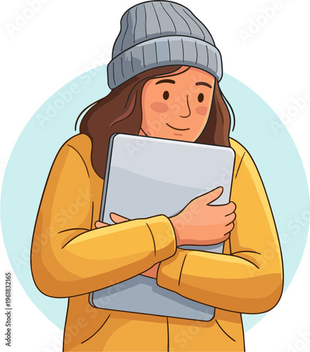 Woman holds tablet smiling in winter clothing indoors