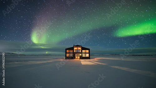 Modern isolated cabin under northern lights at night in winter. Seamless loooing 4k video background