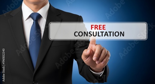 Businessman in a suit pointing at a free consultation button on a blue gradient background with a professional and promotional mood.
