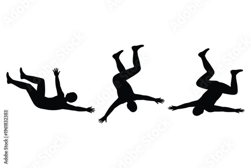 Black silhouettes of three people falling through the air in different poses