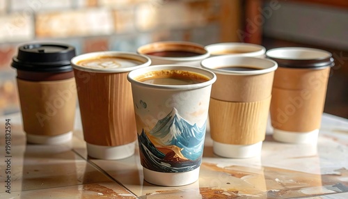 A serene mountain landscape adorns one of six paper coffee cups
