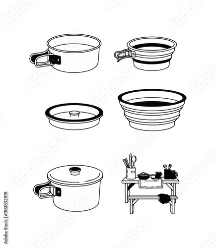 Camping cookware and utensils illustration on black background