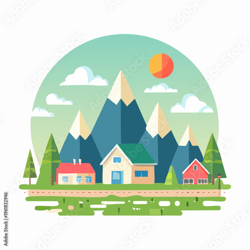 Serene Mountain Village Landscape with Houses and Trees