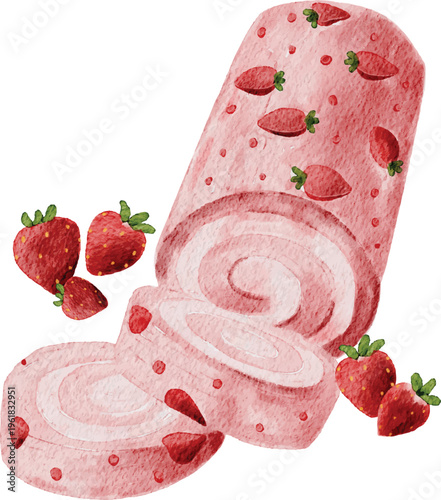 Hand Drawn Watercolor Illustration of a Delicious Pink Strawberry Swiss Roll Sponge Cake with Sliced Berries and Cream Filling