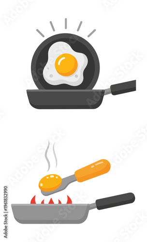 Cooking breakfast fried egg in a pan with isolated illustration