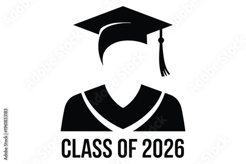 Black silhouette of a graduate wearing a mortarboard cap with of 2026 text