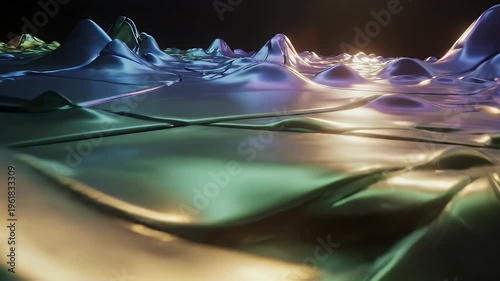 Abstract 3D Landscape with Wavy Surface and Vibrant Light Reflections.