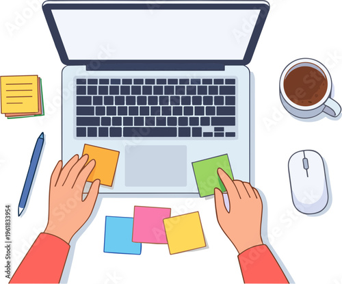 Person using laptop with colorful sticky notes and office supplies on desk