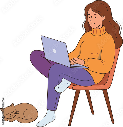 Woman sits on chair with laptop and cat sleeps beside her