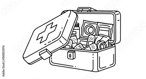 Open First Aid Kit With Medical Supplies Illustration.