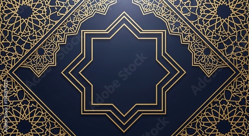 A premium Eid Mubarak background featuring intricate Islamic star geometry patterns forming layered decorative frames, gold embossed ornament details over a deep navy background