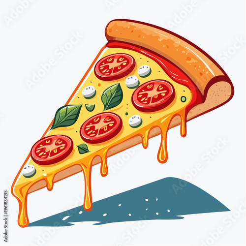Deliciously vibrant pizza slice illustration with gooey melting cheese and fresh toppings, an appetizing culinary graphic