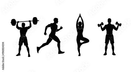 Set of fitness silhouettes featuring people exercising including a male weightlifter with a barbell, a man running, a woman in a yoga tree pose, and an athlete lifting dumbbells. Healthy lifestyle.